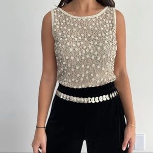 Adrianna Papell Tan Silk Beaded Embroidered Sleeveless Fitted Fancy Tank Top 8